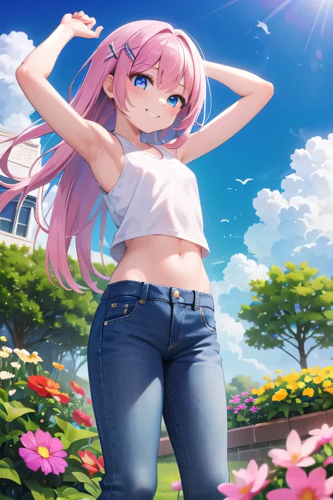 masterpiece,best quality,ultra detail,1girl, 14yo,petite,smile happy,flower garden,sunshine,cloud, long hair, blue eyes, pink hair, hair ornament, x hair ornament,Raise your arms and behind your head,White teeth, white tank tops,jeans, from back, from belo...