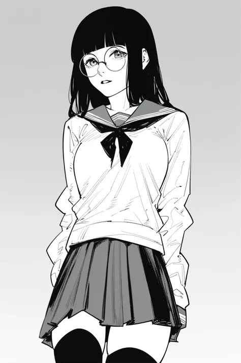 score_9, score_8_up, score_7_up, score_6_up, score_5_up, fujimotomangastyle,
solo, 1girl, black hair, hime cut, medium hair, serafuku, thighhighs, skirt, round eyewear, cleavage, medium breasts, monochrome, turned head, looking at viewer, parted lips,