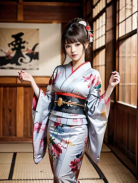 the empress of Japan during the Sengoku period ,Age 35, model body type,Big Breasts, is leggy, Large hall inside the castle , wearing a kimono with a picture of a dragon {x} wearing a gorgeous kimono , teeth、 standing in a large hall in a...