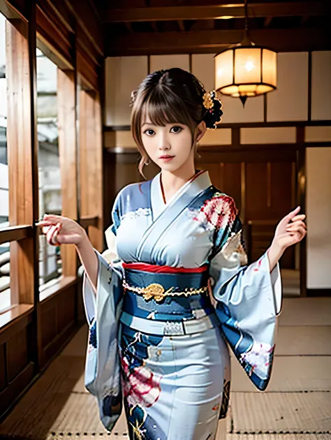 the empress of Japan during the Sengoku period ,Age 35, model body type,Big Breasts, is leggy, Large hall inside the castle , wearing a kimono with a picture of a dragon {x} wearing a gorgeous kimono , teeth、 standing in a large hall in a...