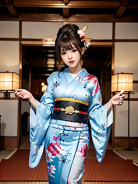     the empress of Japan during the Sengoku period    ,Age 35,  model body type,Big Breasts,   is leggy, Large hall inside the castle  ,   wearing a kimono with a picture of a dragon  {x}  wearing a gorgeous kimono  ,   teeth、 standing in a large hall in a...