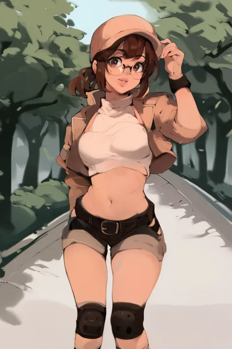 score_9, score_8_up, score_7_up, score_6_up, score_5_up, park background, 
solo, 1girl, fio germi, brown hair, glasses, medium hair, ponytail, brown eyes,
crop top, hat, jacket, knee pads, shorts, sleeveless, navel, belt,
