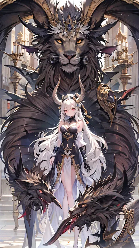 ((Best Quality)),( ultra high resolution),(Super detailed),( detailed instructions),(( best CG )),(masterpiece), Highly Detailed Art ,( Fine Art {x} Art with Precise Details:1.5), (Adult female, black goat horns,Lions Body , Snakes Tail ,Bat Wing),Scaly Sk...