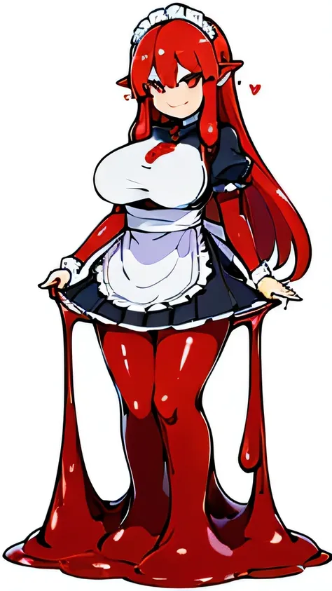 ((((masterpiece, best quality ,Ultra delicate, perfect face,very detailed face:1.5,very Detailed eyes:1.5,16k,high resolution)))),(((melting red long hair:1.5,high viscosity red slime body:1.5,very beautiful red slime girl, Melting red slime legs:5.7,melting body:1.5,best anime style:1.5,))), ,( 1 girl),Large Breasts,( short skirt Maid Costume ,cute smile:1.4),red slimy caves,standing,chibi,