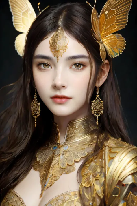 8k portrait of beautiful cyborg with brown hair, intricate, elegant, highly detailed, majestic, digital photography, art by artgerm and ruan jia and greg rutkowski surreal painting gold butterfly filigree, broken glass, (masterpiece, sidelighting, finely d...