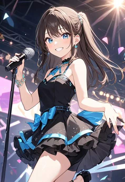 バーチャルアイドル,踊る,コンサート,a girl, teenager, delightful, cheerful grin, big eyes, looking at viewer, tall, slender, leggy, idol dress, with a microphone, anime,wink