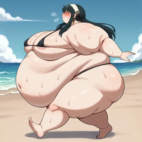 score_9, score_8_up, score_7_up, source_anime BREAK 1girl, Yorbriar, Yor briar, black eyes, black hair, long hair, blush, black hair, earrings, white hairband, hairband,  female , blush, ganryu, micro bikini, beach, smile,  sweating, growing fatter, fat, c...