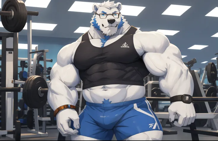 Alone, 1young,  huge muscular white polar bear with glasses, huge  white fur , breast, huge breast, wide breast,  short white hair , blue shorts,  blue bracelets and blue tank top ,  white bearded ,  white mustache,  white fur , gym background, masterpiece...