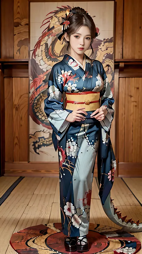     Japanese empress from the Sengoku period   ,Age: 40,  model body type,Big Breasts,   is leggy, Large hall inside a Japanese castle  ,  ( wearing a kimono with a picture of a dragon :1.5) {x}  wearing a gorgeous kimono ,    standing in a large hall in a...