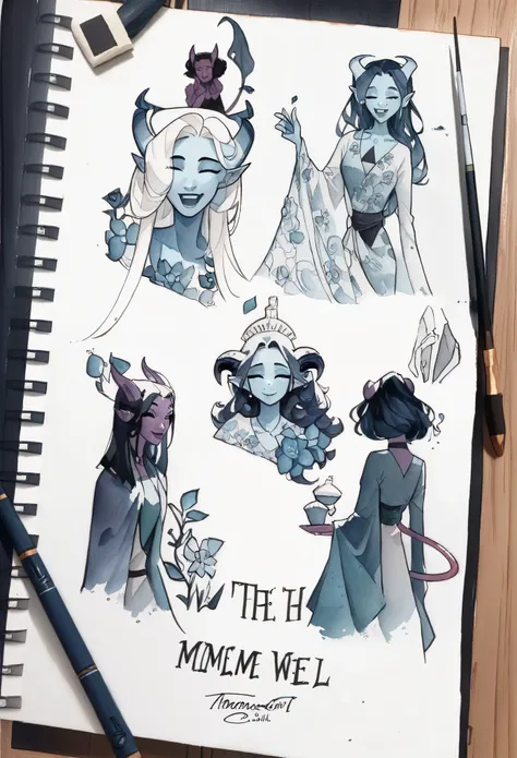 score_9, score_8_up, score_7_up, score_6_up, MulanXLP, hyper detailed, gouache painting:1.5, (a cute Tiefling girl and her mother:1.5), happy family scene, t4s14, beautiful horns, traditional media, watercolor, white background, warm pastel tones, blue vin...