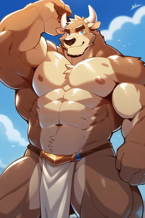 author: takemoto arashi, (1 boy), bull, one, Second Men, kemono, Muscle,  beautiful,  Attractive guy, ( detailed blue eyes), browser, High resolution,  best quality ), 4K, nipple, Male, Bull portrait,  beautiful shadows, loincloth, 