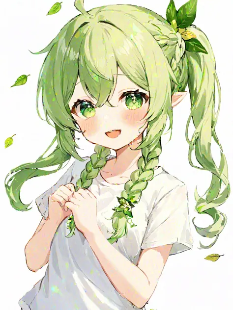 ï¼nahida_\(genshin_impact\), 1girl, green_eyes, pointy_ears, shirt, multicolored_hair, white_hair, white_shirt, side_ponytail, ...