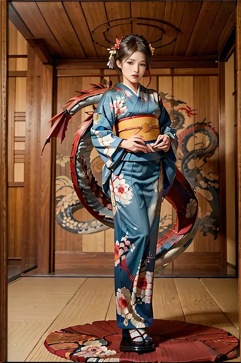     Japanese empress from the Sengoku period   ,Age: 40,  model body type,Big Breasts,   is leggy, Large hall inside a Japanese castle  ,  ( wearing a kimono with a picture of a dragon :1.5) {x}  wearing a gorgeous kimono ,    standing in a large hall in a...