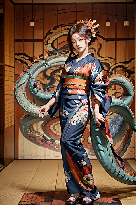     Japanese empress from the Sengoku period   ,Age: 40,  model body type,Big Breasts,   is leggy, Large hall inside a Japanese castle  ,  ( wearing a kimono with a picture of a dragon :1.5) {x}  wearing a gorgeous kimono ,    standing in a large hall in a...