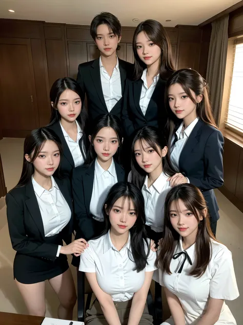 (masterpiece, best quality), (absurdres:1.2), (ultra detailed, 8K, ultra highres:1.2), (beautiful 4girls and handsome 4boys:1.3), young, slim, (cinematic composition), blush, happy smile, dramatic lighting, (short body, body), (group shot, gathered, frien...