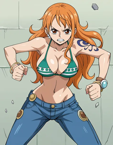 score_9_up, best quality, source_anime, 1girl, Nami, orange hair, from front, bikini, jeans, sexy, looking at the viewer, breasts, navel, punching