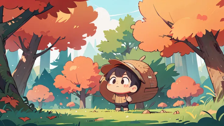 simple cartoon style illustration。Scenery in the forest at the end of autumn
