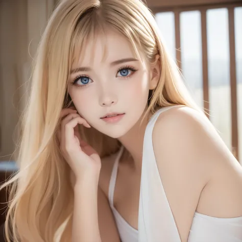 Peau blanche transparente brillante、Wind hair gets in the way of a pretty face、Colossal、20 ans mignon sexy petit beau visage、De beaux cheveux raides qui brillent、grand, Yeux bleu clair brillants、Longue frange soyeuse couvrant les yeux mignons, Sexy visage ...