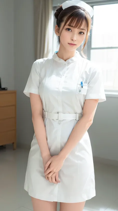 1 girl,(Wearing white nurse clothes:1.2),( RAW photo ), (Realistic, photo-Realistic:1.4), masterpiece, so delicate and beautiful, very detailed, 2k wallpaper, wonderful, finely, very detailed CG unity 8k wallpaper, very detailed, High ima...