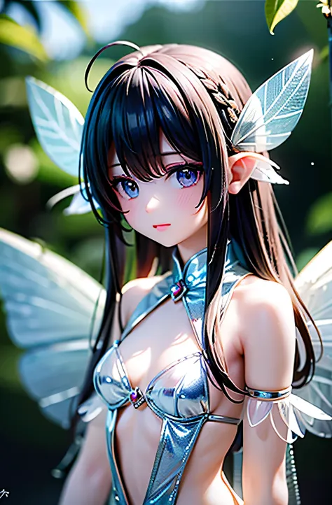 ​pvc,masterpiece, top-quality、raw photos,  photorealistic、1 fairy 、( feathers are transparent and sparkle,  like insect wings :1...