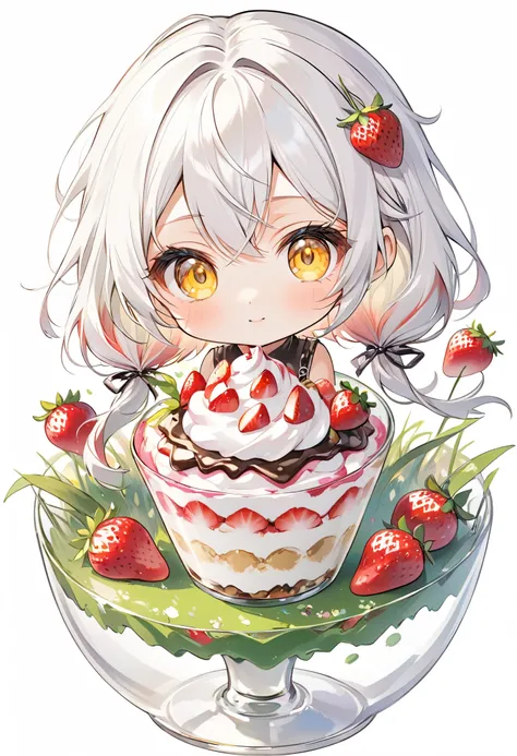 parfait、Mini、Chibi、Inside the parfait、Perfect grass、Strawberry Parfait、white  hair、Twin-tailed、yellow  eyes、cute little、