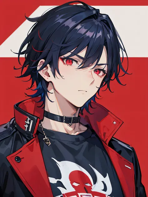 A handsome man, red crimson eyes color, dark blue hair color, thick jacket, T-shirt, black choker, scar, gangster