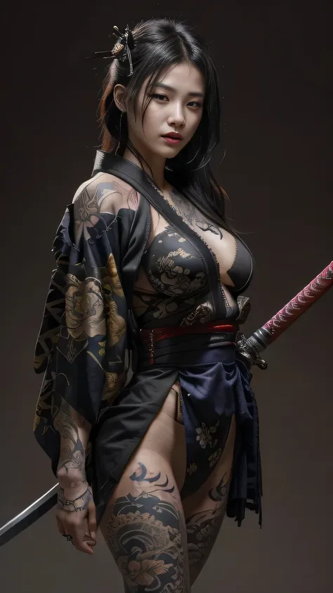 a close up of a woman with a sword and a tattoo on her body, very beautiful cyberpunk samurai, female samurai, katana, she is ho...