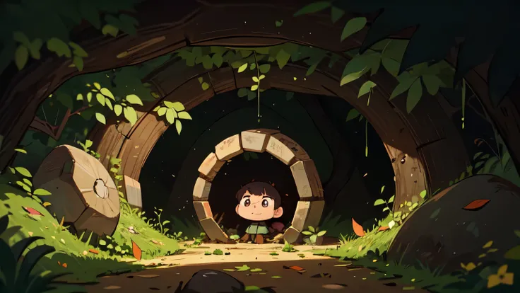 Inside a small cave made of dirt 、A lot of fallen leaves have fallen and there are no living creatures