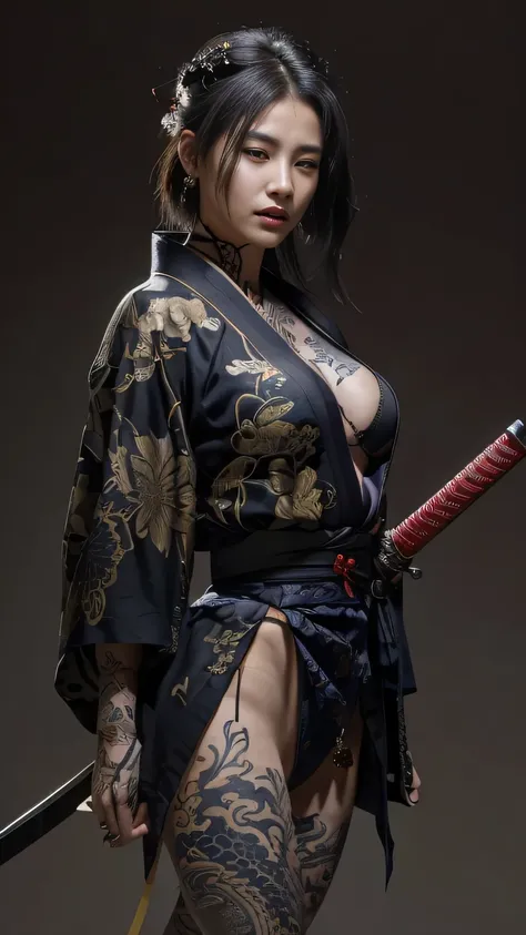 a close up of a woman with a sword and a tattoo on her body, very beautiful cyberpunk samurai, female samurai, katana, she is ho...