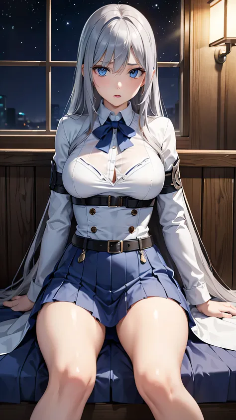  adult woman on the house, Alone,  sexy,8K resolution,((Best Quality)), ultra high resolution, ( grim expression), (Light blue eyes),  Beautiful Symmetrical Face , ( long silver hair ),coat,Light Armor ,skirt, Tactical Belts for Battle,Realistic:1.4,Realis...