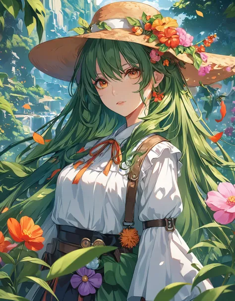 anime girl in a hat with flowers and leaves, anime style 4 k, anime art wallpaper 4k, detailed digital anime art, anime art wallpaper 4 k, detailed anime art, anime fantasy artwork, 4k anime wallpaper, anime wallpaper 4k, anime wallpaper 4 k, anime fantasy...