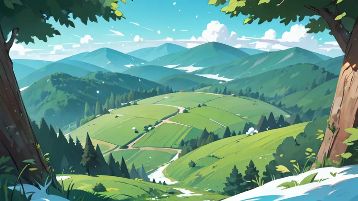 Simple landscape of a green forest seen from the top of a snowy mountain