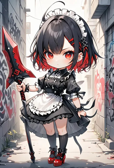 A chibi-style anime character with a gothic maid outfit, featuring short black hair with red highlights and expressive red eyes. She stands confidently, holding a large, edgy weapon adorned with sharp hooks and graffiti-like markings. Her attire includes a...