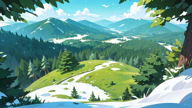 Simple landscape of a green forest seen from the top of a snowy mountain