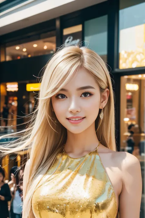 (best quality, 4k ,8k, highres, masterpiece:1.2), ultra-detailed, (realistic, photorealistic, photo-realistic:1.37), closeup, beautiful Thai woman, (slim girl), (happy smile), long lashes, beautiful makeup, platinum blonde hair, fair skin, slendegure, eleg...