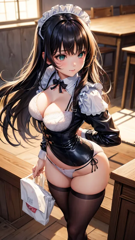 middle School girls，smile，Best Quality， A girl with her bangs down ，  high-dimensional beauty girl  ， several girls are drawn，  maid clothes，cute  maid clothes，8k，Best Quality，Long Hair，cute，Fluffy，angel， new maid clothes ，Latest fashion，Long Hair，green ey...