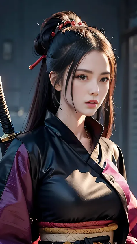 a close up of a woman with a sword and a tattoo on her body, very beautiful cyberpunk samurai, female samurai, katana, she is holding a katana sword, inspired by Kanō Hōgai, cyberpunk geisha, cyberpunk samurai, kimono, unsheathing her katana, samurai outfi...