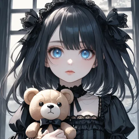 illustration, best quality, close-up, 1girl, black hair, blue eyes, gothic lolita outfit, lace headband, dark dress, holding teddy bear, intricate details, melancholic expression, pale skin, ribbons in hair, soft lighting, muted color palette, dark and mys...