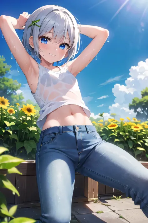 masterpiece,best quality,ultra detail,1girl, 14yo,petite,smile happy, flower garden, sunshine, cloud, short hair, blue eyes, silver hair, hair ornament, x hair ornament,Raise your arms and behind your head,White teeth, white tank tops, white crop tops, jea...