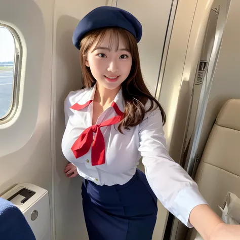 『 1 girl:1.3』Best Quality:1.2、 big breasts at the temple、 I can see a little cleavage、(( young woman))、((Red cheeks)){smile}、( cute)(8k, Best Quality, masterpiece,  golden ratio composition,:1.3), (Zoom out shot:1.2), ( beautiful Japanese mature woman in c...