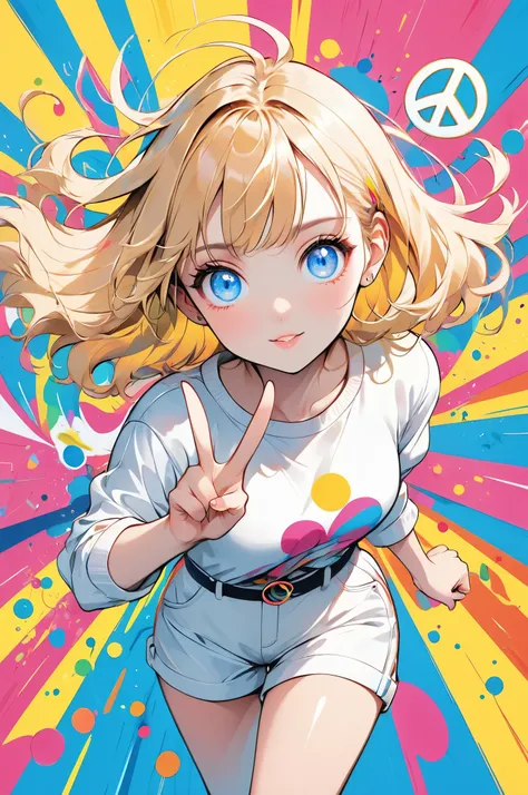 illustration, best quality, dynamic full-body shot, 1girl, blonde hair, blue eyes, white outfit, vibrant colors, pop art style, ...