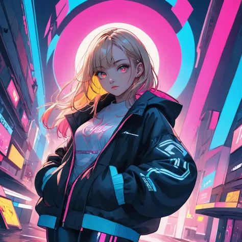 illustration, best quality, close-up, 1girl, full body,blonde hair, hooded jacket, serious expression, vibrant neon colors, abst...