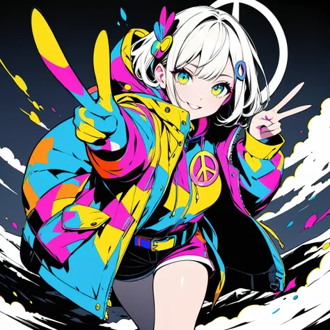 popart,high contrast,(masterpiece, best quality:1.2), 1girl,solo,(full body), anime style, best quality, close up, peace sign, s...