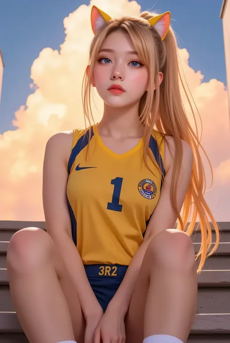 masterpiece, 4k, bokeh, (perfect body:1.4), (volleyball uniform:1.5), (bright blonde hair:1.5), (ponytail:1.2),(blushed face:1.3...