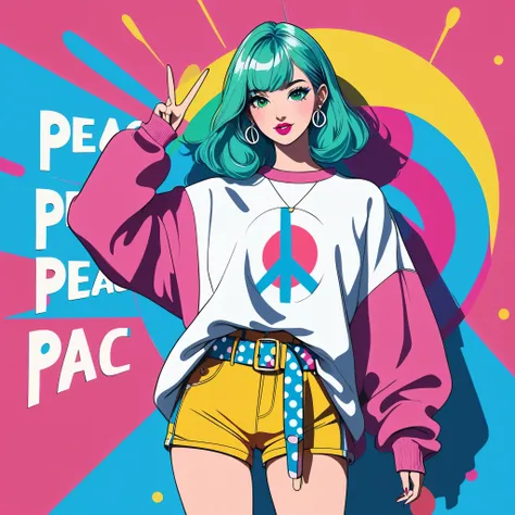 popart,high contrast,(masterpiece, best quality:1.2), 1girl,solo,(full body), anime style, best quality, close up, peace sign, v...