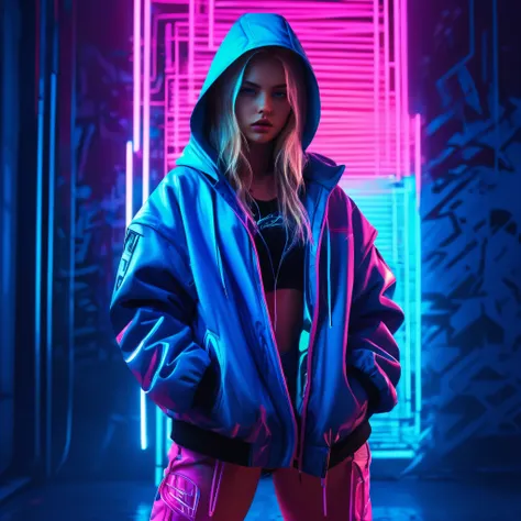 illustration, best quality, close-up, 1girl, full body,blonde hair, hooded jacket, serious expression, vibrant neon colors, abst...