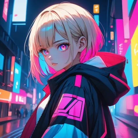 illustration, best quality, close-up, 1girl, full body,blonde hair, hooded jacket, serious expression, vibrant neon colors, abst...