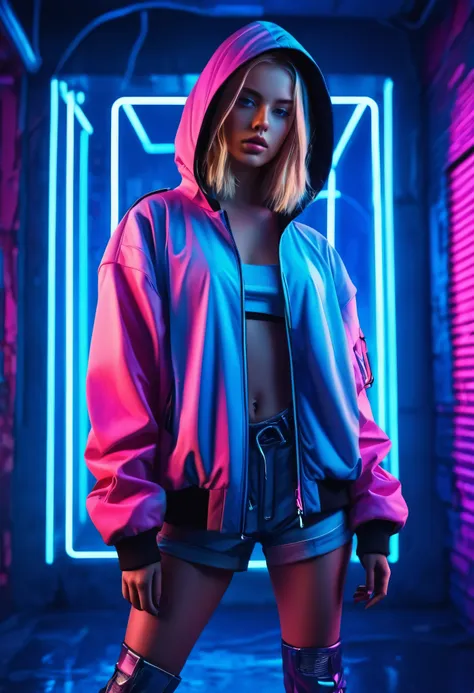 illustration, best quality, close-up, 1girl, full body,blonde hair, hooded jacket, serious expression, vibrant neon colors, abst...