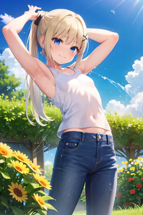 masterpiece,best quality,ultra detail,1girl, 14yo,petite,smile happy,flower garden,sunshine,cloud,ponytail hair, blue eyes, blonde hair, hair ornament, x hair ornament,Raise your arms and behind your head,White teeth, white tank tops,jeans, The girl appear...