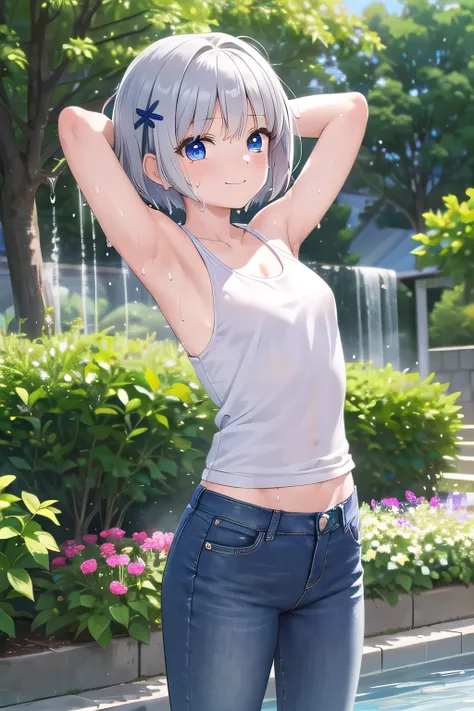 masterpiece,best quality,ultra detail,1girl, 14yo,petite,smile happy,flower garden,short hair, blue eyes, silver hair, hair ornament, ribbon hair ornament,Raise your arms and behind your head,White teeth, White tank tops, jeans, The woman appears to be (we...